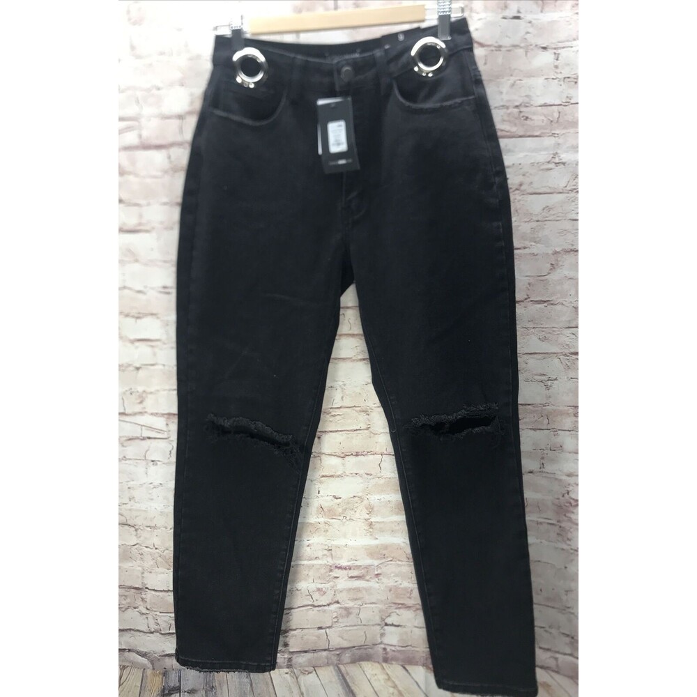 Fashion Nova Chain That Attitude Boyfriend Jeans Size 9 Black Factory Destroyed